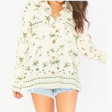 Show Me Your Mumu Marcella Top Palm Print Linen, Women L White/Green
