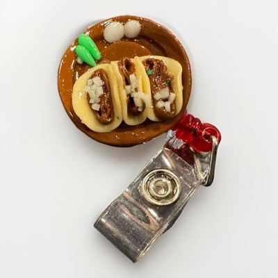 Handmade Clay Plate of Tacos Badge ID Clip Food & Drinks Theme for Work Waitress