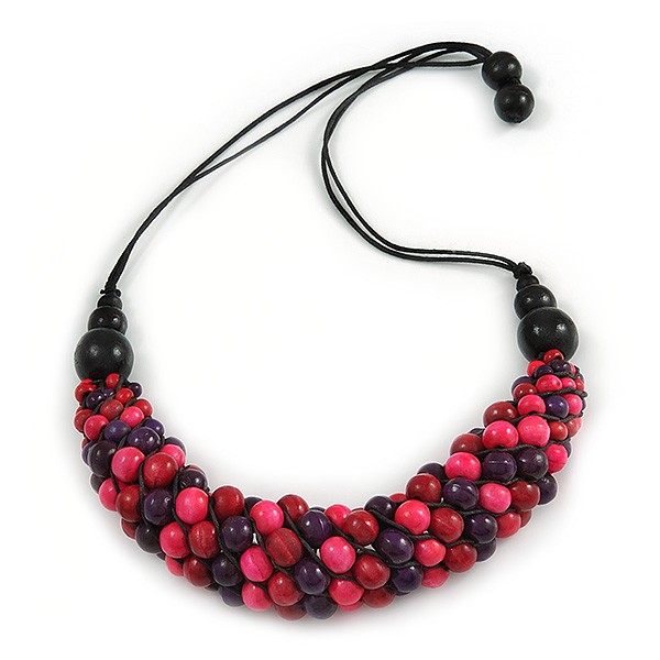 Purple/ Deep Pink Cluster Wood Bead Chunky Necklace with Black Cotton Cord -