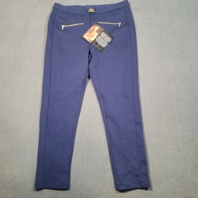 IMAN Ponte Ankle Pants Womens 12 Short Blue Global Chic Gold Zipper Accent
