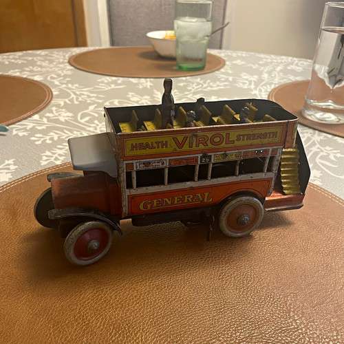 Distler Vintage Tin Double Decker Open Top Bus Toy Bovril Virol Schweppes Route