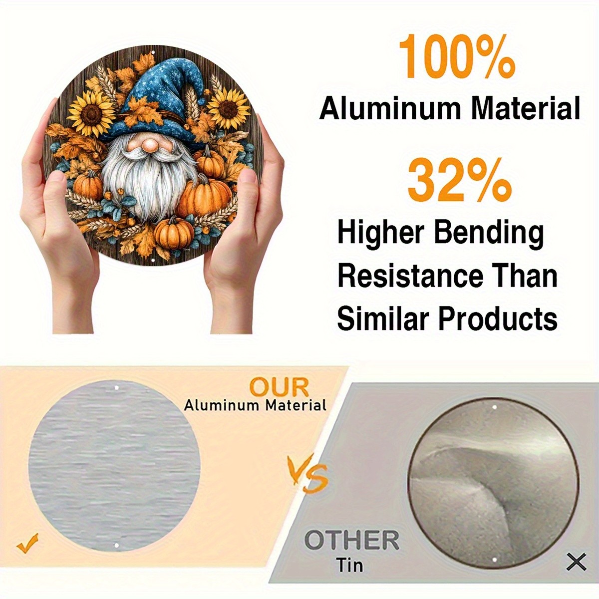 8 Inch Round Autumn Gnome and Pumpkin Aluminum Wall Art with Sunflower