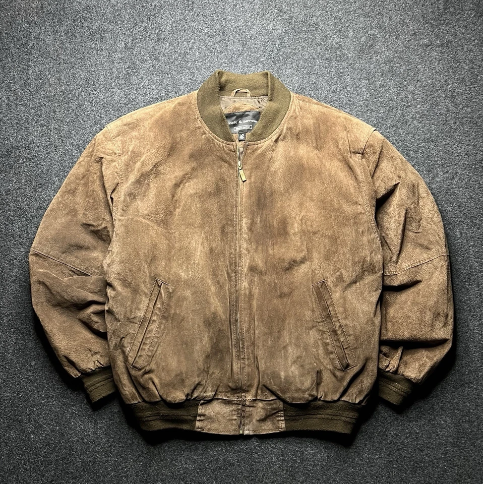 VTG 90s Croft & Barrow suede Leather Bomber Jacket brown zipper men size L - Image 2 of 4