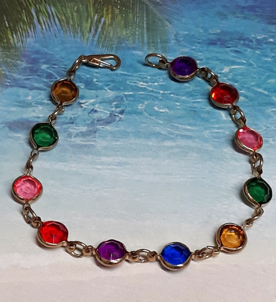 ★人気★【VINTAGE HOLLYWOOD】★Round Mix Chain Bracele.t★ Vintage Multi Color Round Bezel Set Rhinestone Bracelet Gold