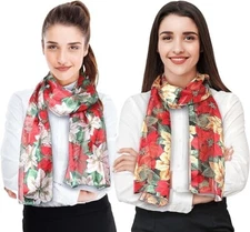 CBC Crown Silk Feeling Festive Poinsettia Christmas Scarf 13"x60" Made in Korea