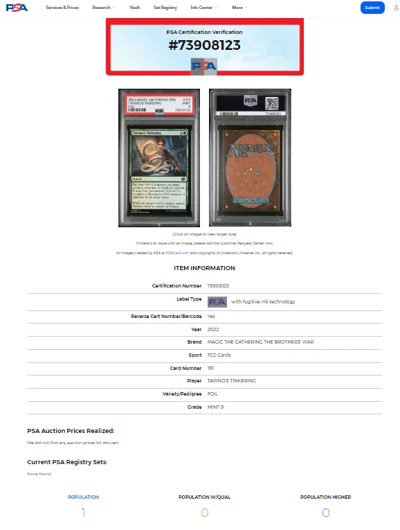 Magic The Gathering Brother's War Foil Tawno's Tinkering PSA 9 POP 1 None Higher - Image 3 of 4