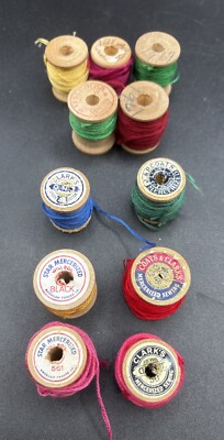 Vintage Wood Thread Spools With Thread Most With Labels Small Size Lot Of 11