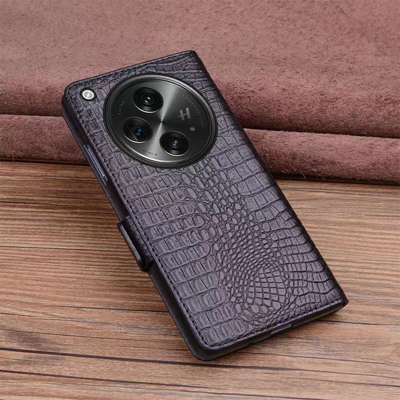 Genuine Leather Flip Case For OnePlus OPEN Crocodile Grids Grain Holder Cover - Image 2 of 4