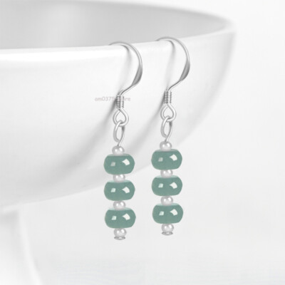 Echt 925 Sterling Silber Natur Jadeit Blau Wasser Abakus Perlen Ohrringe Haken