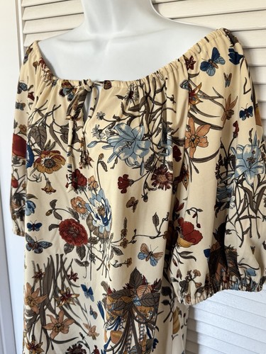 Camicetta floreale vintage anni 70 80 ๐ FUNGHI FARFALLA L XL marrone blu avorio giallo - Foto 4 di 18