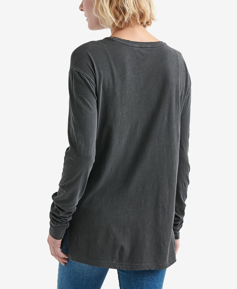 $96lucky Brand Women Gray Gold Graphic Print Ac/Dc Long Sleeve Blouse ...