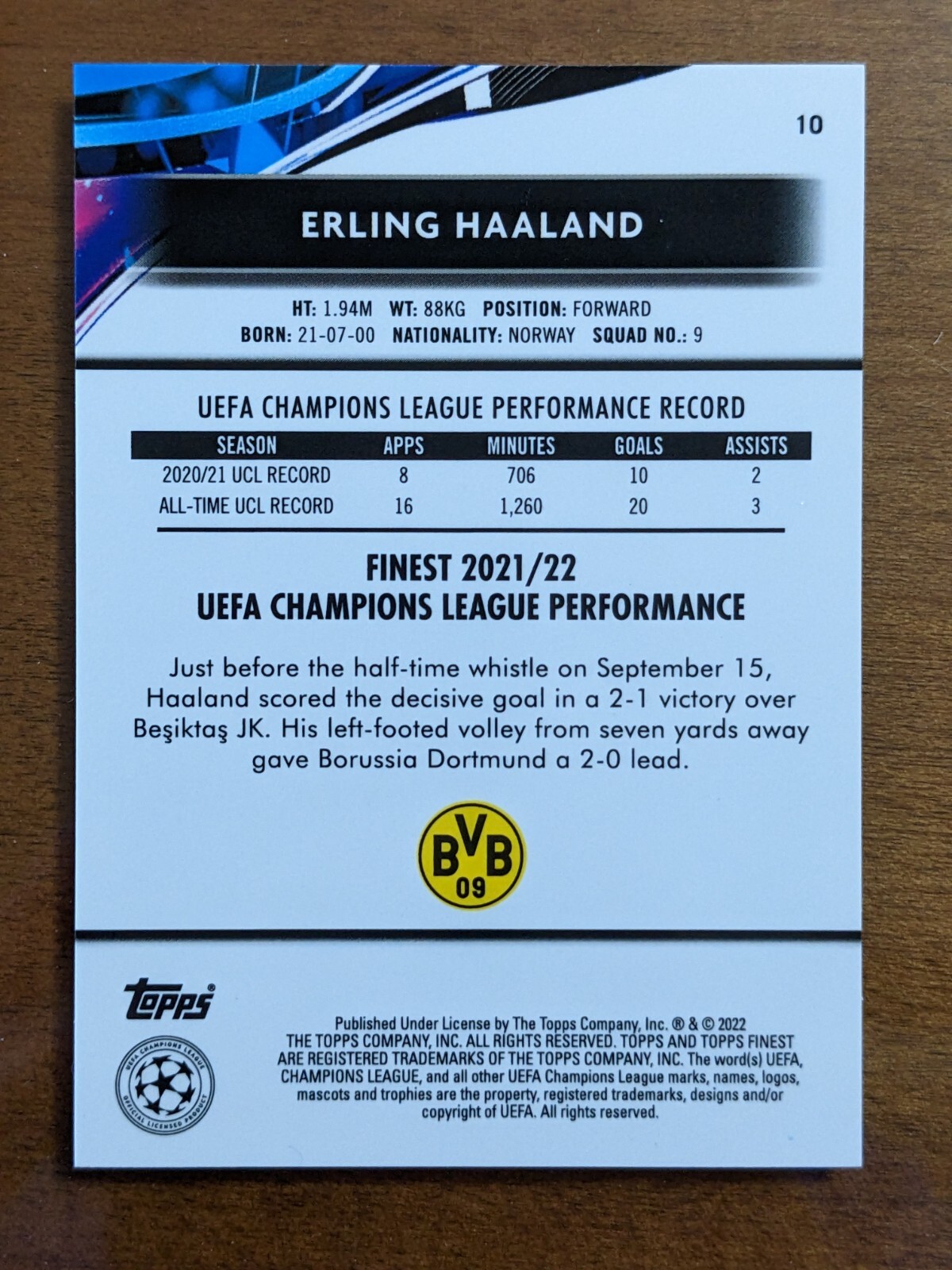 2021-22 Topps Finest UEFA Champions League #10 Erling Haaland QTY view 2