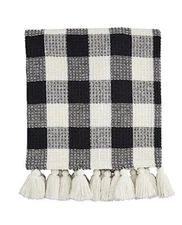 Mud Pie Home Buffalo Plaid Black & White Large Tassel Throw Blanket 70” x 50”