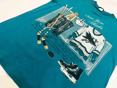 T-shirt Vintage Hockey San Jose Sharks Bleu Sarcelle Taille L - Coton, Fabriqué USA, Occasion Bon état