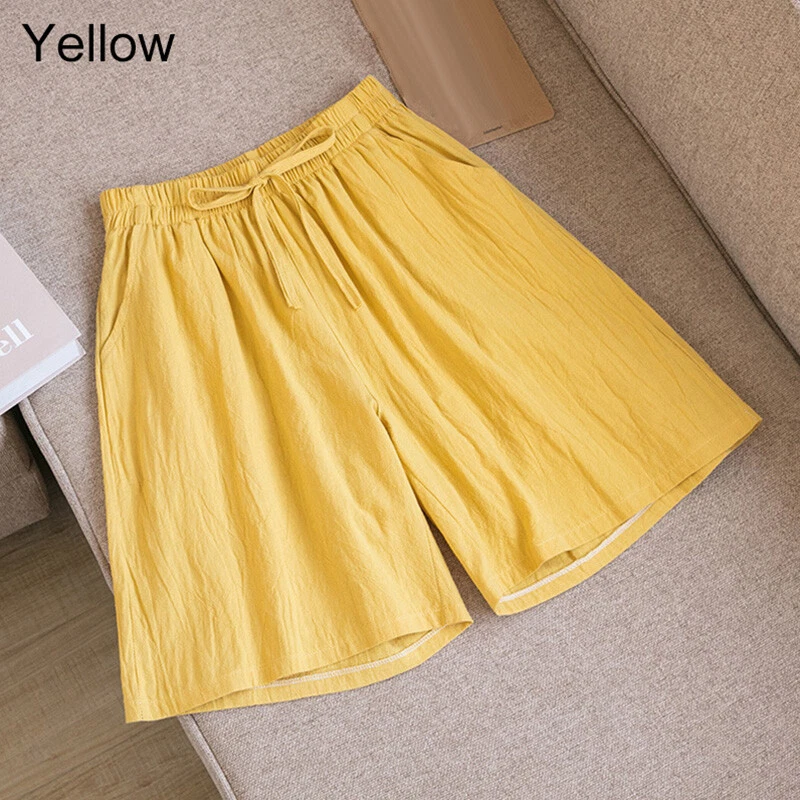 Womens Cotton Linen Shorts Drawstring Elastic High Waist Wide Leg Casual Pants - Image 4 of 4