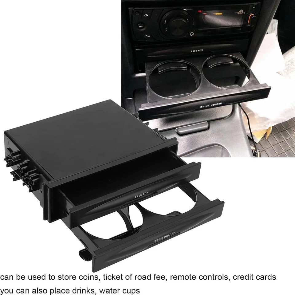 Caja de almacenamiento de bolsillo de radio con soporte para taza de bebida doble Din negro para automóvil SUV Foto 4 de 4