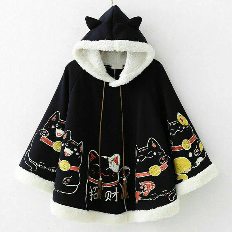 Women Fleece Cloak Cape Poncho Coat Jacket Japanese Lolita Cat Hooded Thick - Image 3 of 4
