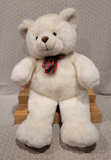 1980s Vintage Gund White Teddy Bear Plaid Bow Ribbon Christmas Plush Toy 21"