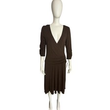 AGB Dress Brown Faux Wrap Perone Knit Ruched Midi Dress Size 12