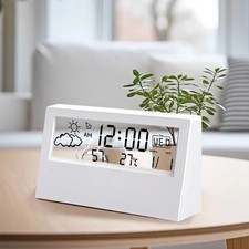 LCD Digital Alarm Clock Desktop Temperature Humidity Weather Display Clear