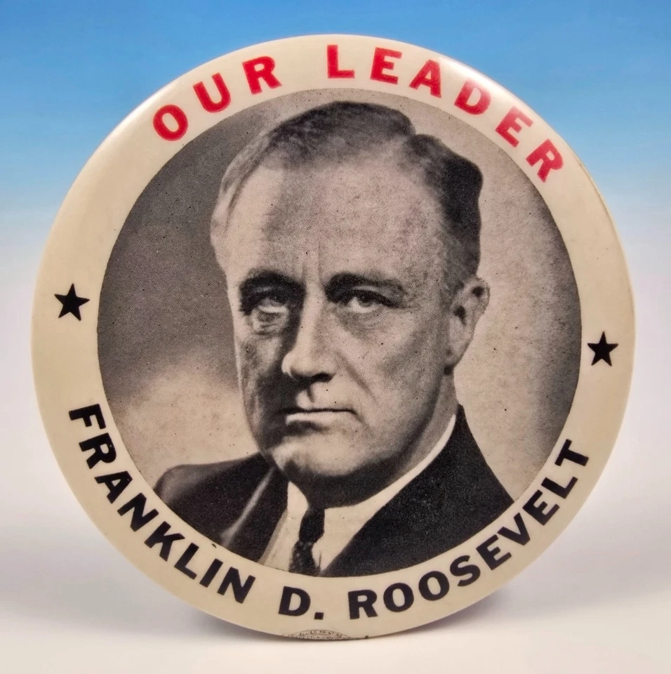 Prendedor botón campaña Franklin D Roosevelt FDR 1940 RARO Hake no listado 3,5" grande Foto 2 de 4