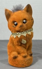 Vintage Flocked Orange Cat Bank Hair Tuft Gold Collar LOVE Tag Made in Hong Kong