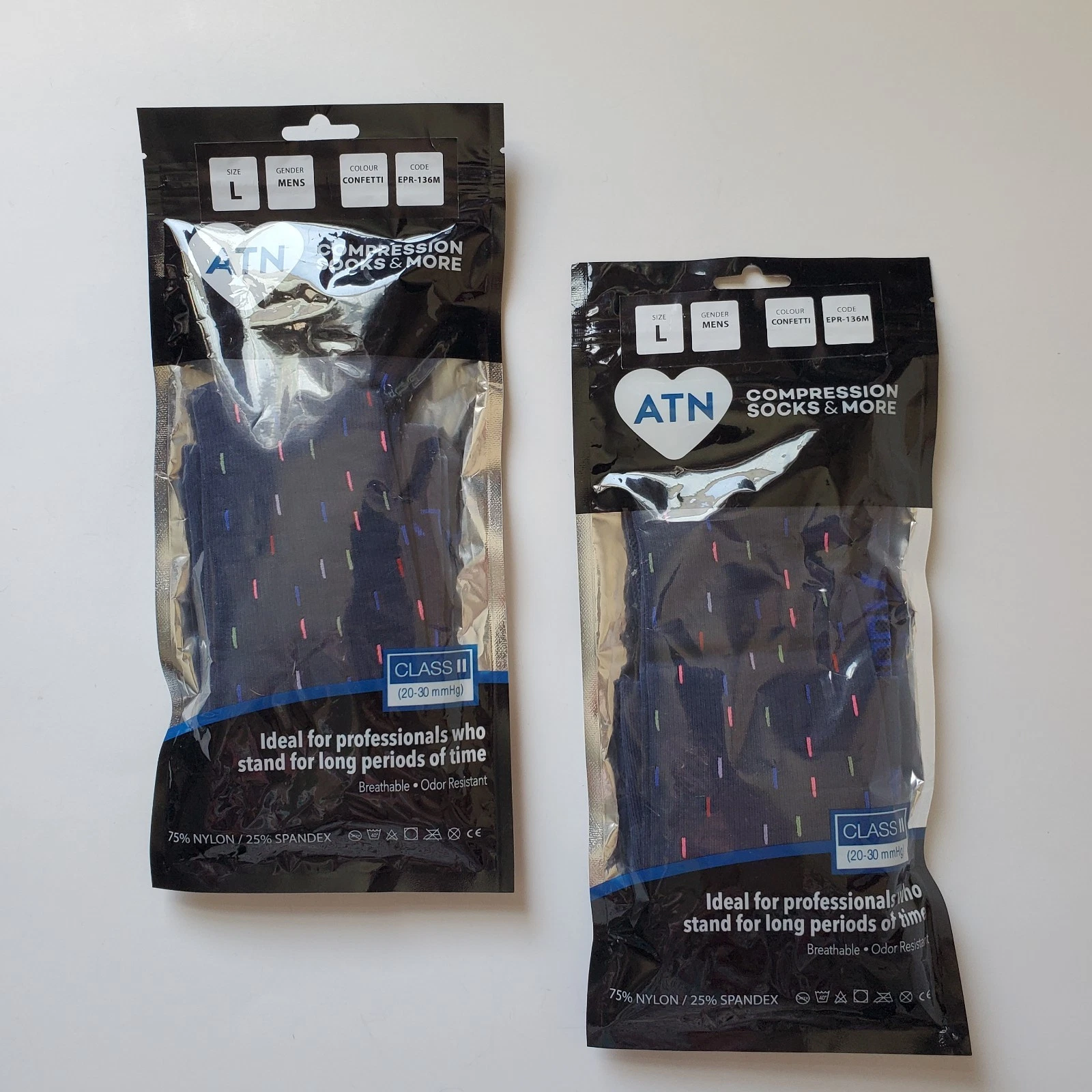 2 Pair ATN Compression Socks Men's Size Large 20-30 mmHg Class II Confetti Lot
