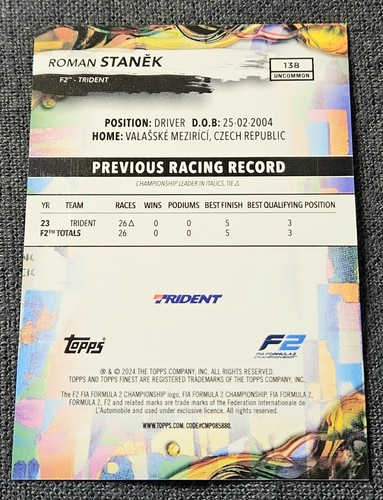 2024 Topps Finest Formula 1 F1 Red /15 Black Roman Stanek Rookie Chrome #138 - Picture 2 of 2