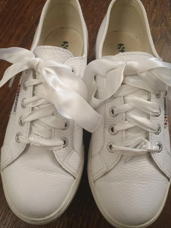Superga Plataforma Blanco Guijarro Cuero Zapatillas Tenis Zapatos Satén Cordones Corbata 7.5 Foto 3 de 4