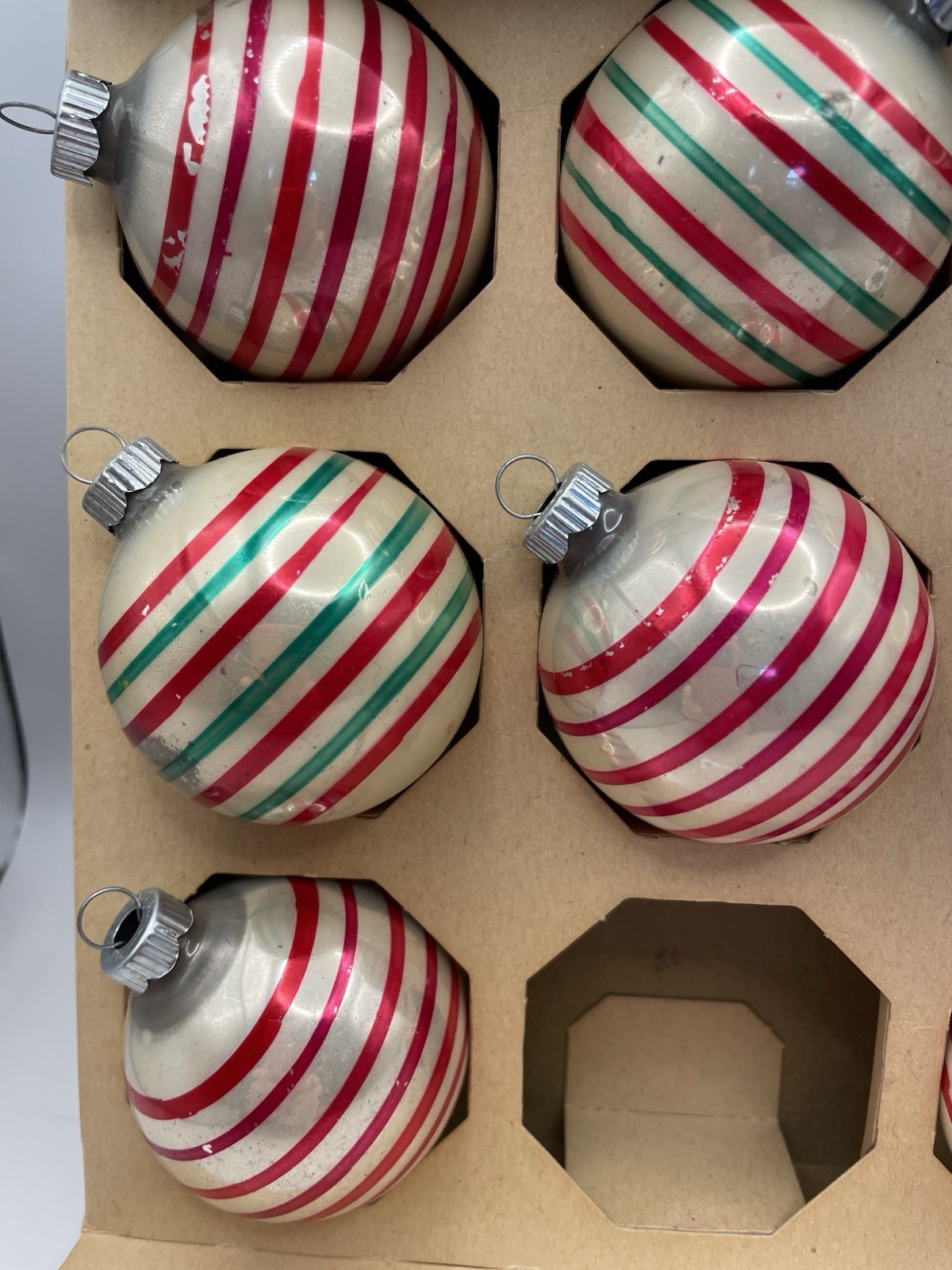 Lot Of 10 Vintage Striped Shiny Bright Christmas Ornaments With Box Made In USA