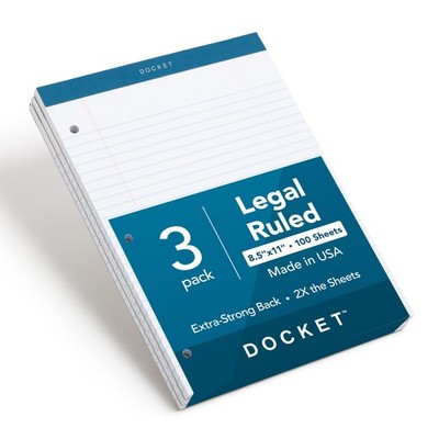 TOPS Docket Writing Pads, 8-1/2 x 11-3/4, Legal Rule, White Paper, 3-Hole Punche