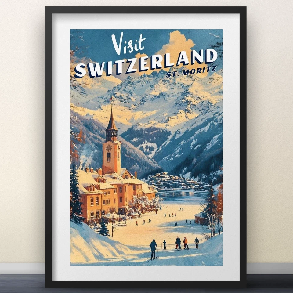 Póster de viaje de colección Visit SWITZERLAND St. Moritz esquí nieve arte de pared Foto 4 de 4