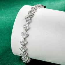 Real Round Moissanite Tennis Bracelet Four-leaf Clover Chain 925 Sterling Silver
