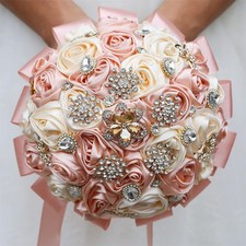 7.5" Peach Pink Cream Bridal Wedding Bouquet Round Bling Brooch Bouquet Thr...