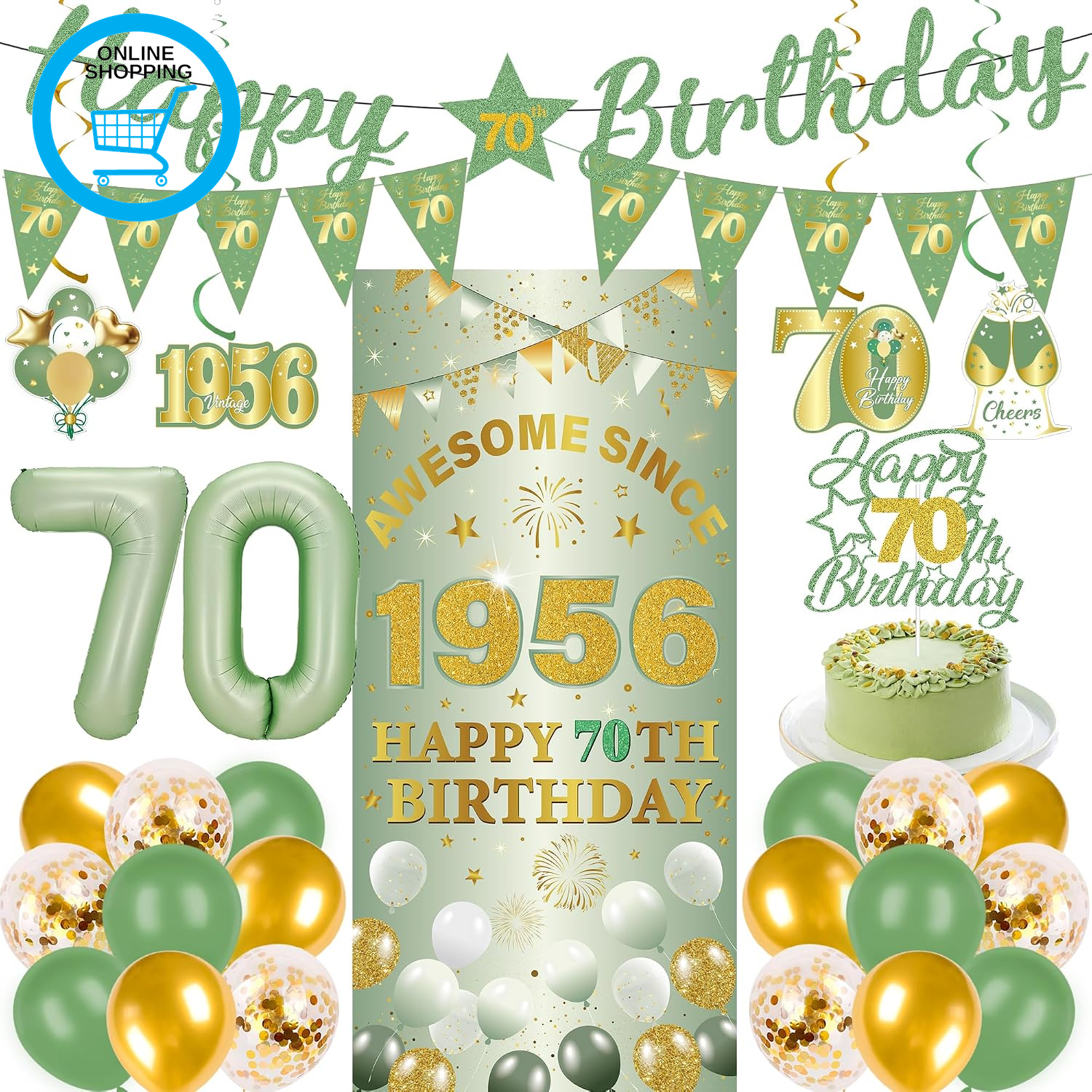 70Th Birthday Decorations Men Women - 27 Pcs Green Gold Happy 70Th Birthday Bann