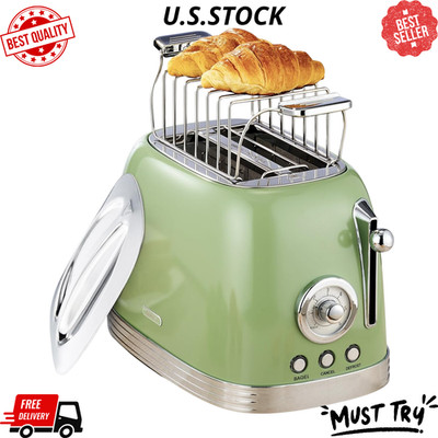 NEW Retro Green 2-Slice Bread Toaster 1.58'' Wide Slots Warming Rack Timer