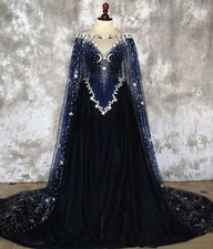 Navy Blue Off-The-Shoulder Wedding Dresses with Cloak Sleeveless Floor-Length