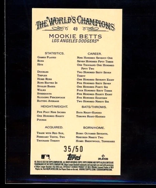 Mookie Betts 2022 Topps Allen and Ginter Chrome GOLD REFRACTOR Mini /50 SP - Image 2 of 2
