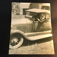 Vintage Reprint Photograph Of An Antique Photo Old Car Woman Driving Smile Laugh
