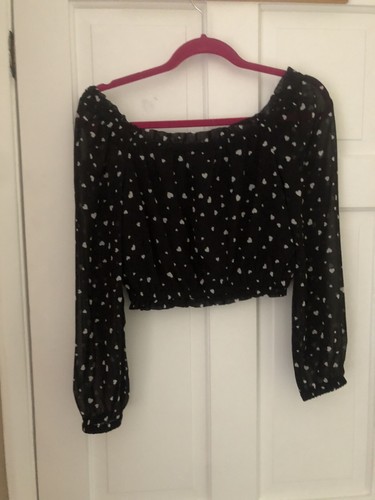 Black With White Hearts Long Sleeved Crop Top Age 14 - Picture 4 of 4