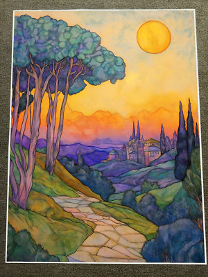 Tuscan Landscape with Cypress Trees and Village at Sunset Poster 18x24in