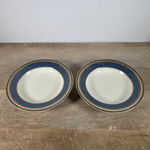 Mikasa Imperial Lapis Set of 2 Rimmed Soup Salad Bowls 8.5" Blue/Gold Band JAPAN