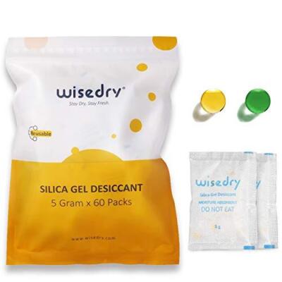 wisedry 5 Gram [60 Packs] Silica Gel Packets Rechargeable Desiccant Pouches with