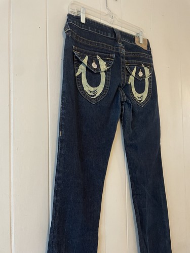 True Religion Vintage Womens Painted Horseshoe Jeans Dark Wash Tag Size 28 Retro - Picture 8 of 14