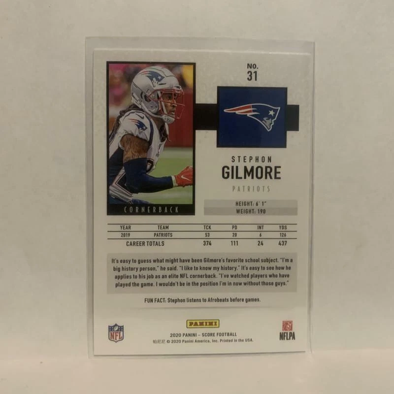 #31 Stephon Gilmore New England Patriots 2020 Score Football Card LZ - Image 2 of 2