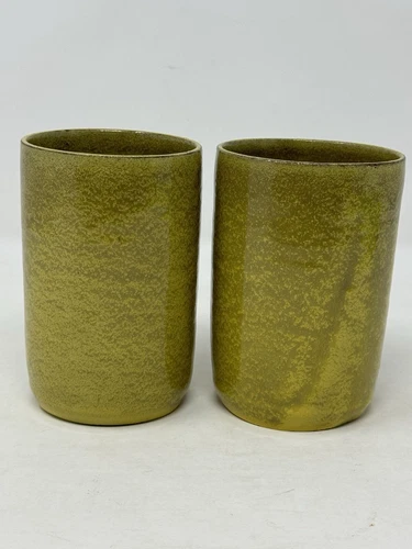 set of 2 green pottery cups 4.5” tall toothbrush holder tumbler EUC vintage