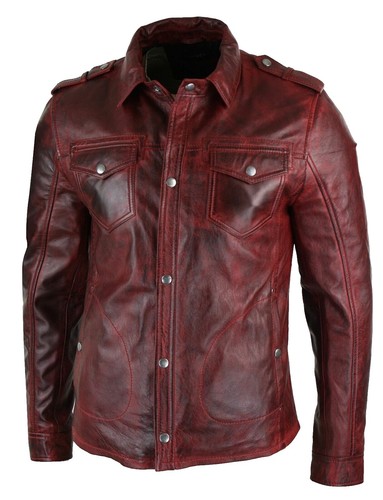 Perrini Mens Brown Soft Leather Full Sleeve Slim Fit Button up