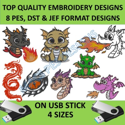 8 süße Baby Drachen Maschine Stickmotive Feuer Baby Drachen Datei auf USB