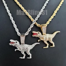 Hip Hop Iced T-Rex Dinosaur Cubic Zirconia Pendant 4mm 24" Rope Chain Necklace
