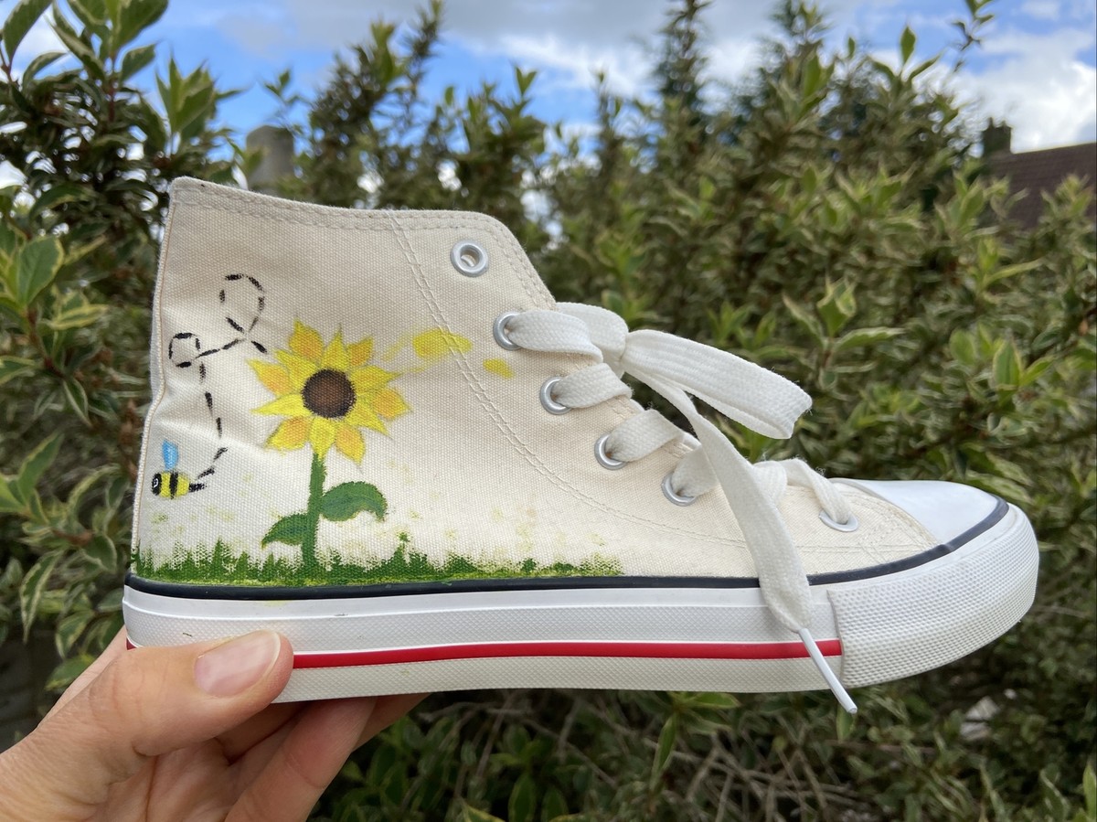 Yellow Flower Bee Canvas Shoes Hand Painted Personalised Girls Trainers  Size 3UK